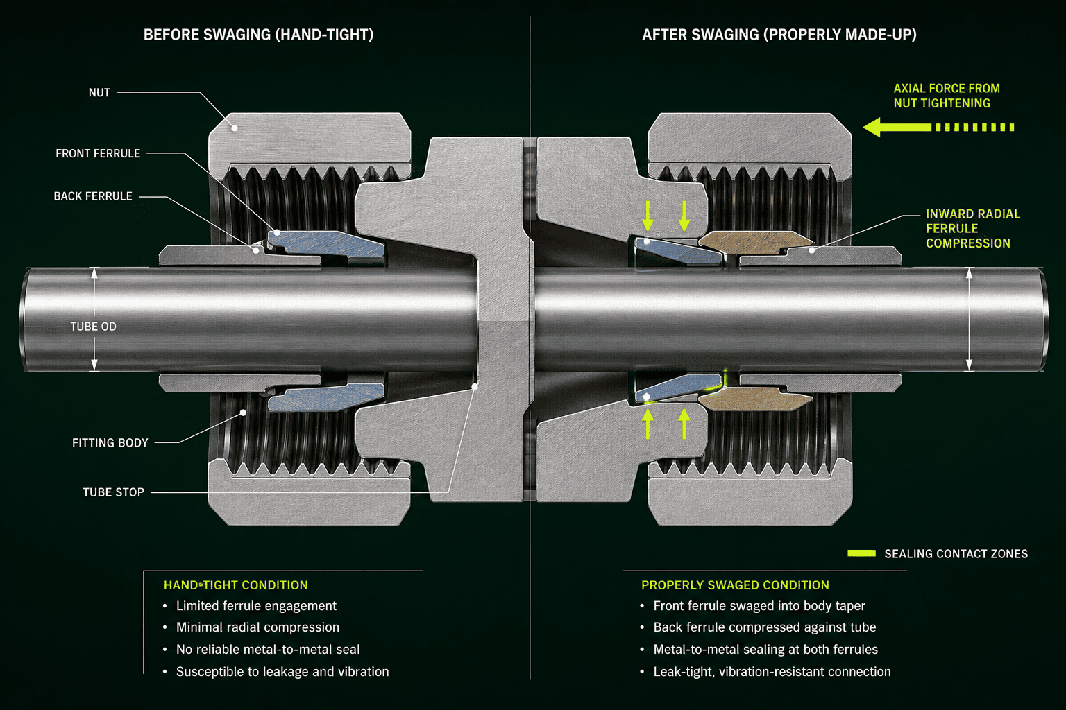 Ferrule Swaging and Tube Fitting Make-Up tube fitting ferrule compression diagram
