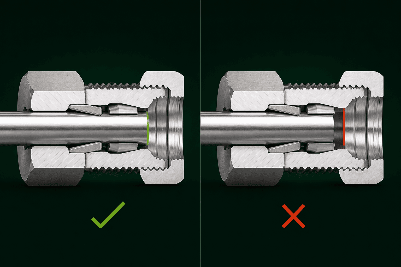 Tube Insertion Depth and Tube Stop Contact in Double Ferrule Fitting tube insertion depth diagram for double ferrule compression fitting