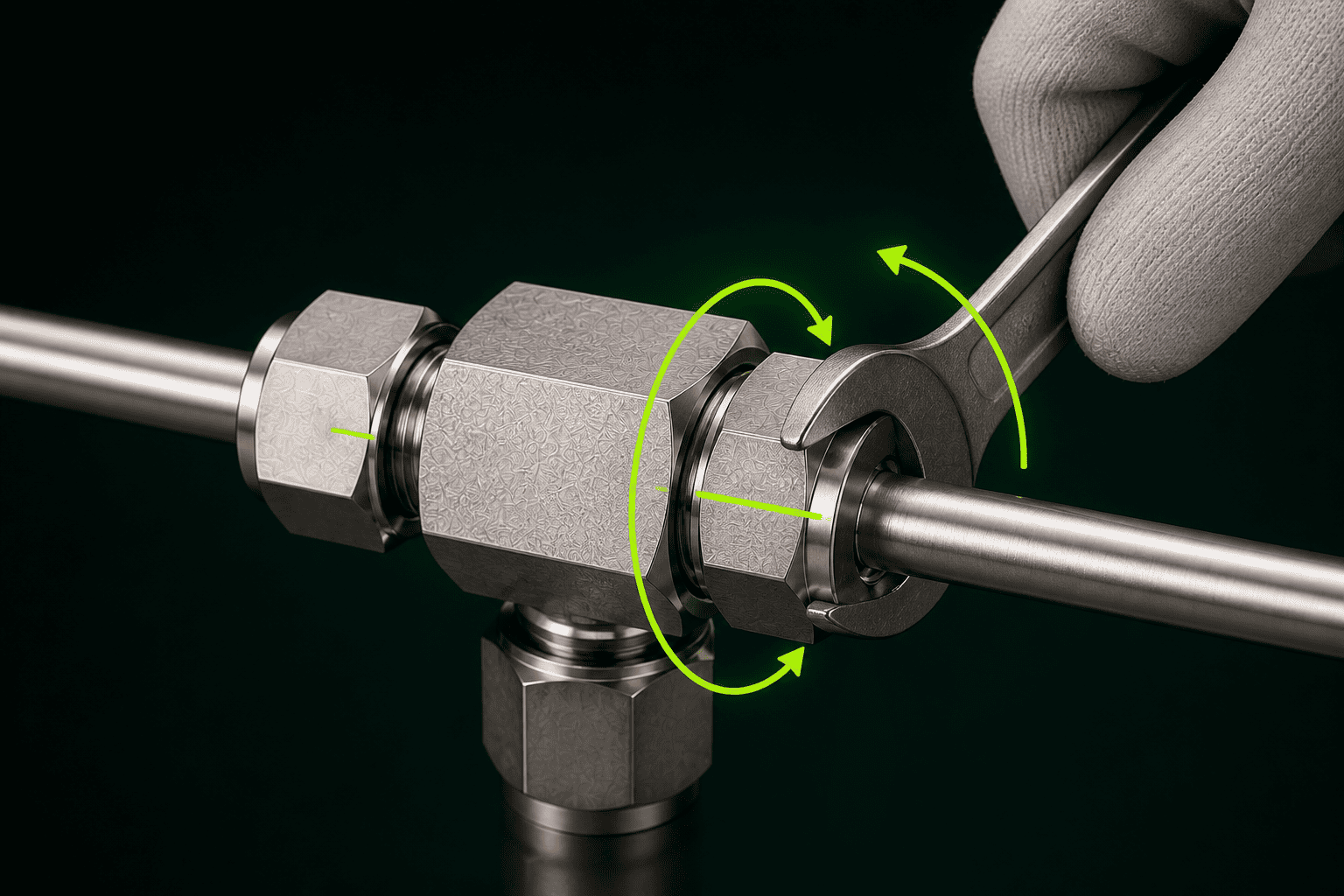 Make-Up Turns Reference Mark Method for Tube Fitting Tightening make-up turns reference mark for double ferrule tube fitting installation
